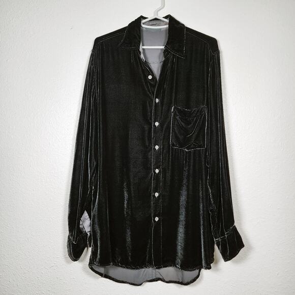 CP Shades Black Velvet Tunic Long Button Front Blouse Rayon Silk Size Small - Picture 1 of 8